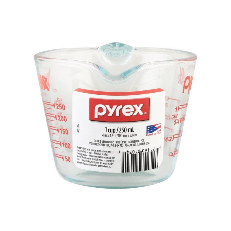 World Kitchen 1 Cup Clear Glass Measuring Cup Set of 6 - Durable, Easy-to-Read Measurements, Ideal for Cooking and Baking