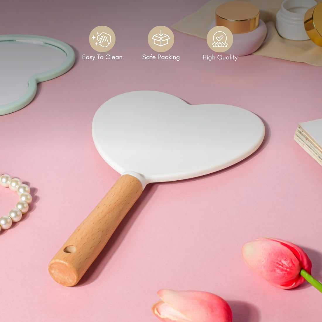 Nestasia Love Heart Hand Mirror | Lightweight And Adorable Vanity Mirror For Makeup And Touch-Ups On The Go | Crystal-Clear Refl