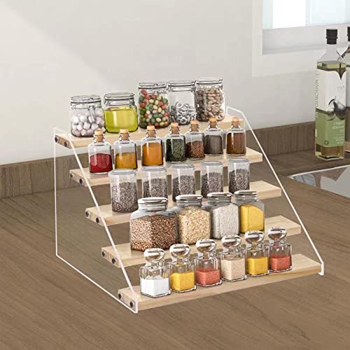 VAEHOLD Spice Rack Organizer for Cabinet & Countertop - Seasoning Organizer Spice Shelf - Space Saving Wooden Display Risers She