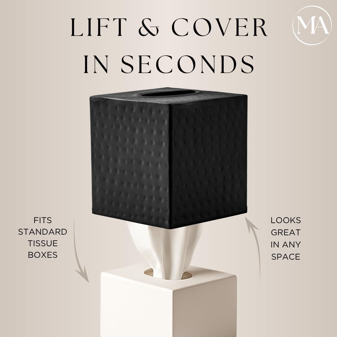 Monarch Abode 19127 Hand Hammered Tissue Box Square Cover Holder and Dispenser  Metal Dresser Accessories for Home and Office Bathroom Decor Vanity  Decorative Tissue Box Holder  Black