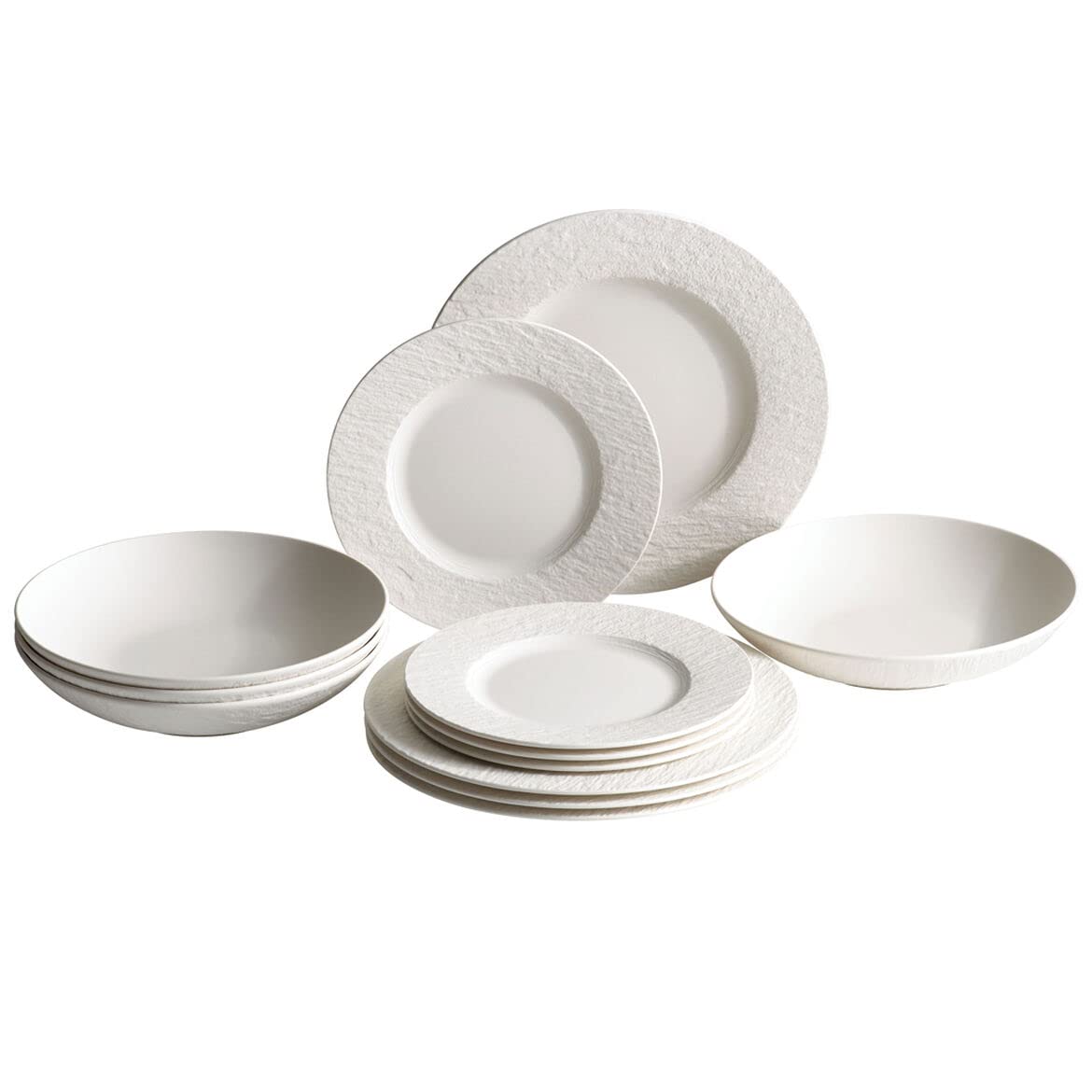 Villeroy & Boch Manufacture Rock Blanc 12-Piece Dinnerware Set, Service for 4, Plates & Bowls, Premium Porcelain, Made in German