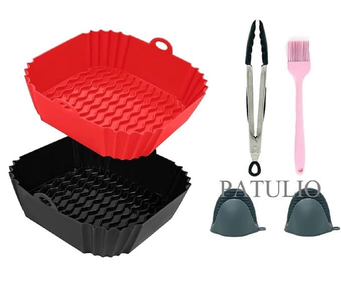 Air Fryer Silicone Basket, Reusable Food Grade Non-Stick Square Liner With Oil Drainage Base And Side Handles, Dishwasher Safe, 
