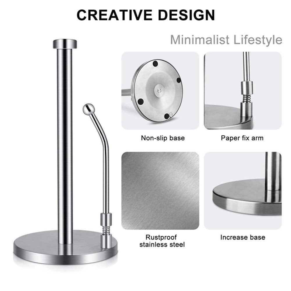 Abuycs Stainless Steel Standing Kitchen Roll Dispenser, Countertop Anti-Slip, One-Handed Operation, Modern Design, Silver