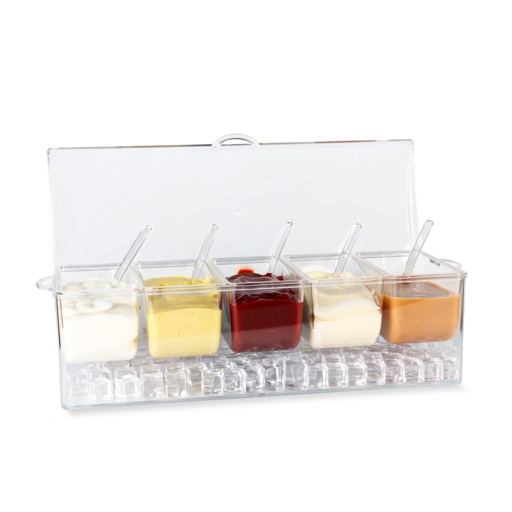Ivyhome Chilled Condiment Server | Clear Icy Condiment Bar | Chilled Condiment Tray With Lid And 5 Removable Compartments