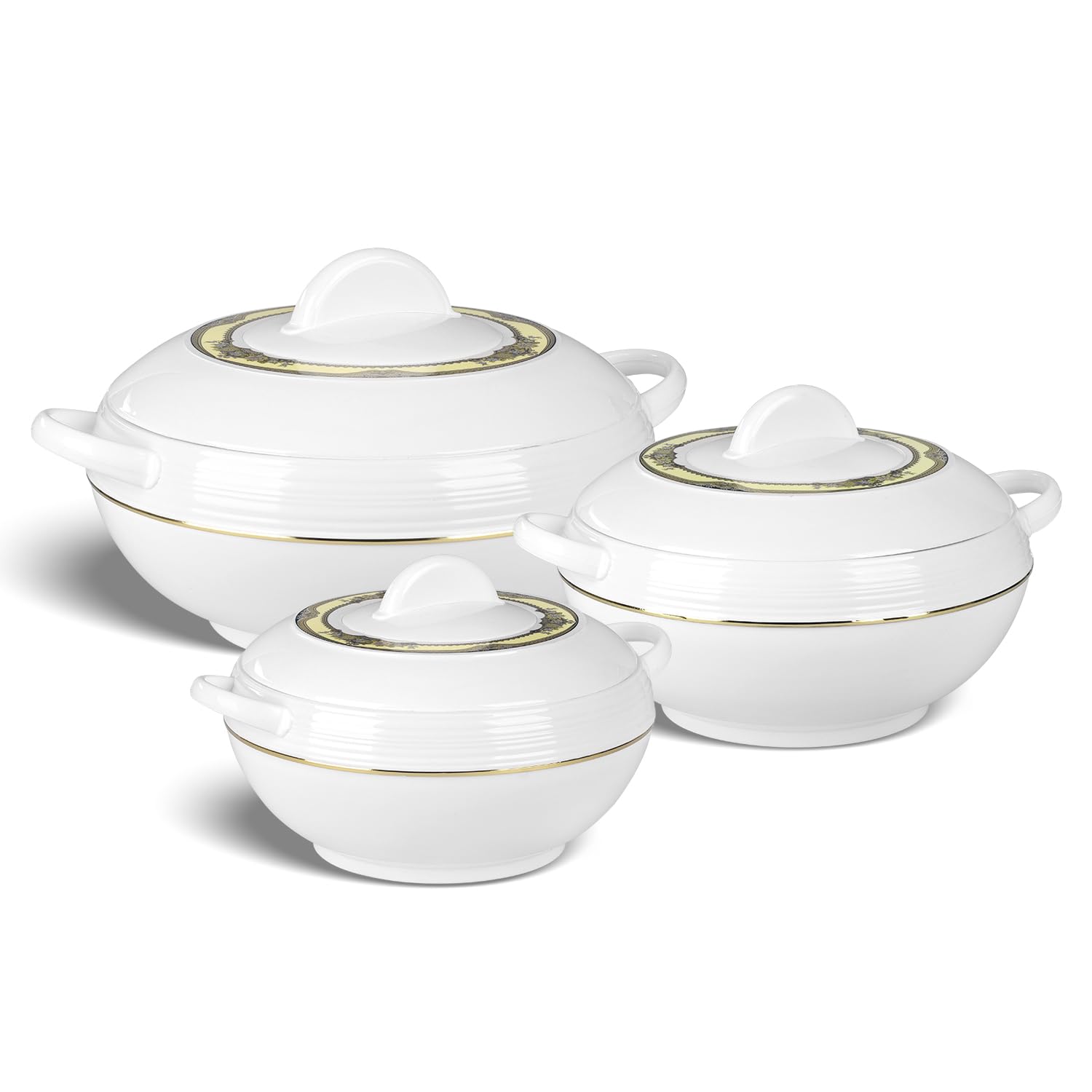 Tmvel Ambiente Food Warmer Hot Pot Set Of Insulated Casseroles 1.2 1.6 And 2.5 Litre (White)