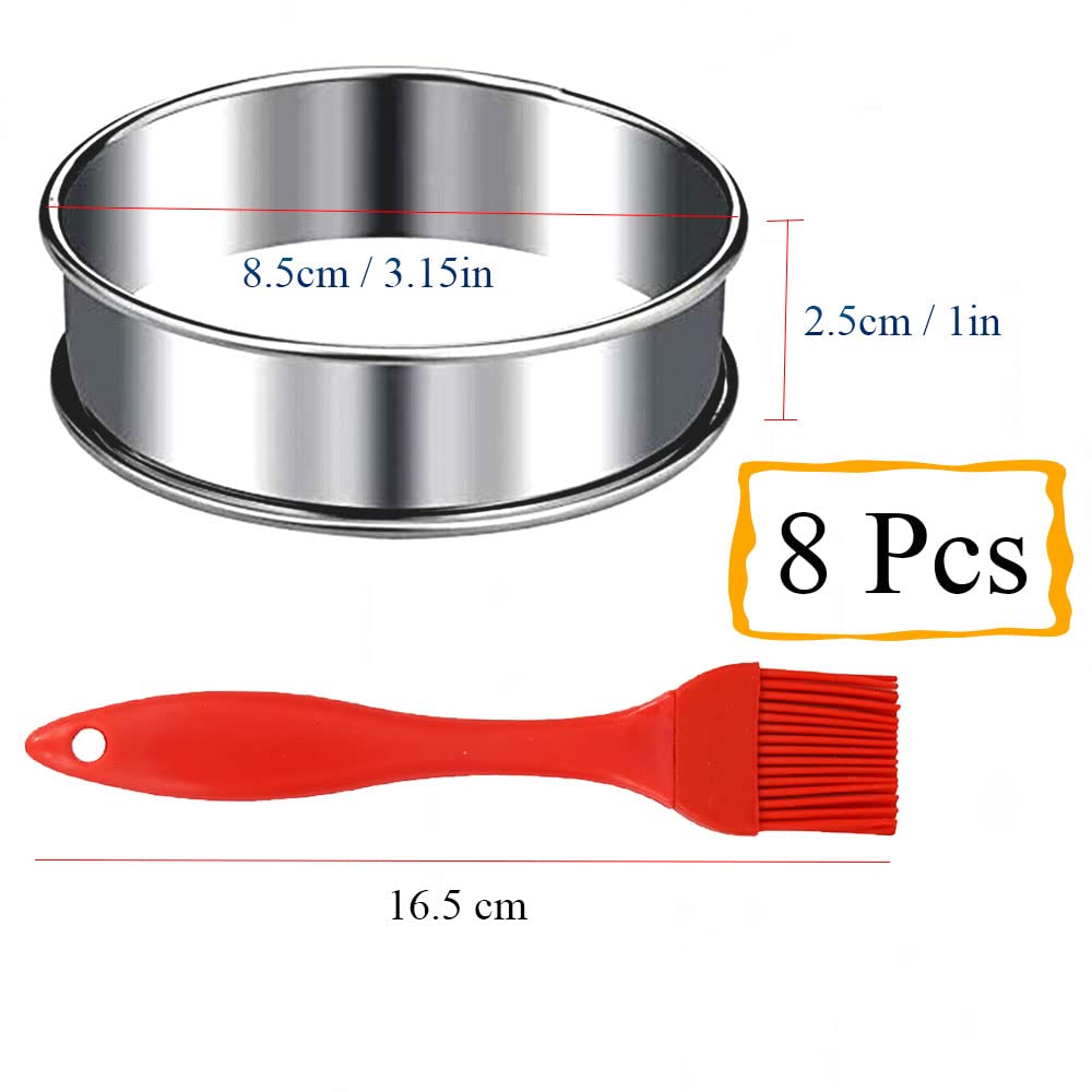 Kuayb 8 Pieces English Muffin Rings Crumpet Rings 3.15 Inch Stainless Steel Double Rolled Tart Ring Nonstick Metal Round Ring Mo