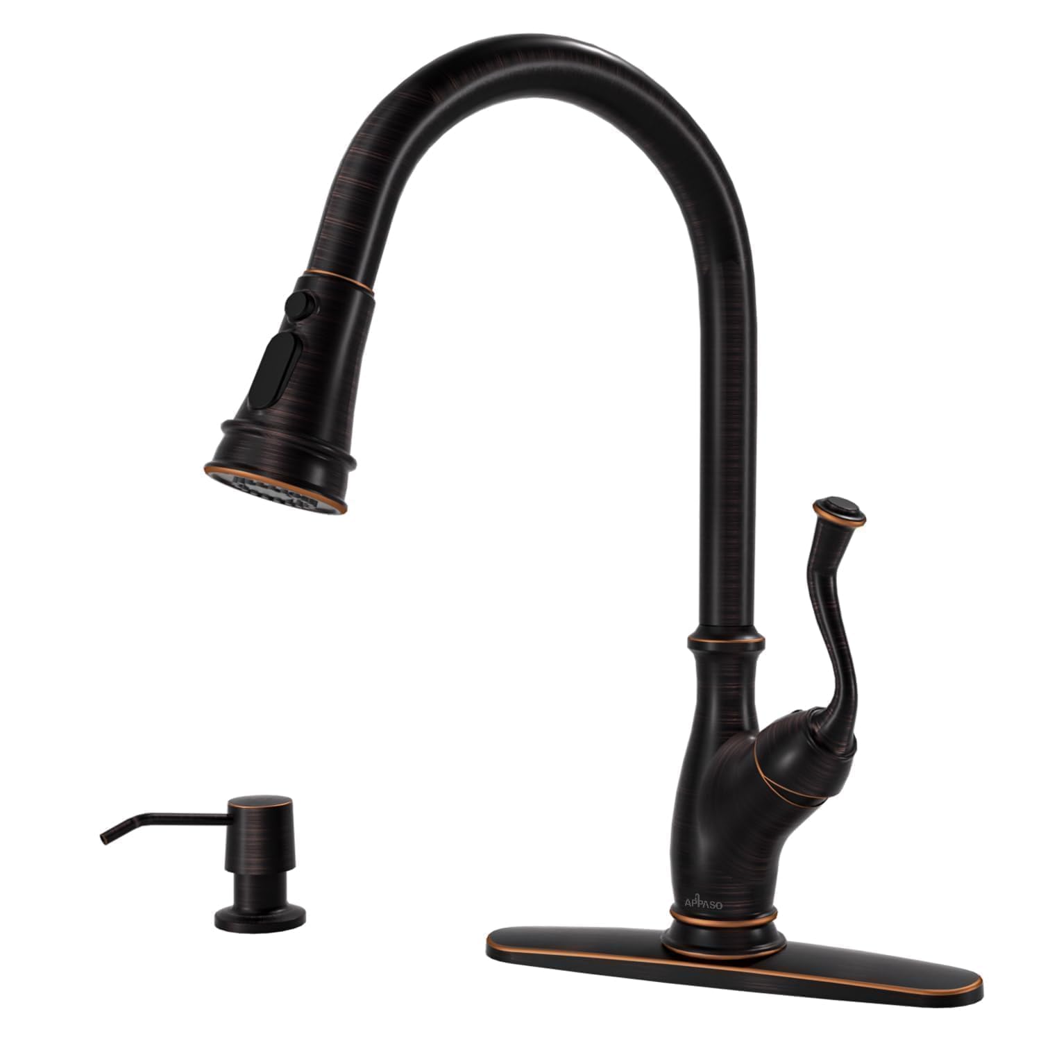 APPASO Oil Rubbed Bronze Kitchen Faucet with Soap Dispenser  Stainless Steel Kitchen Faucet with Pull Down Sprayer 3-Function High Arc Single Handle Bronze Kitchen Sink Faucet
