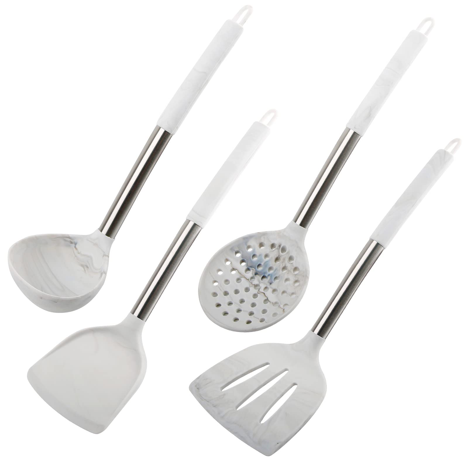 4Pcs Silicone Cooking Utensils Set-Heat Resistant Kitchen Utensils With Stainless Steel Handle,Spatula,Turner, Slotted Spoon,Lad