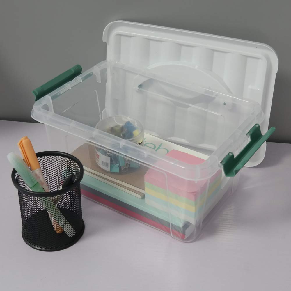 Gloreen 6 Quart Clear Storage Bins With Lid And Green Handle, Multipurpose Stackable Plastic Storage Latches Box/Containers, Set