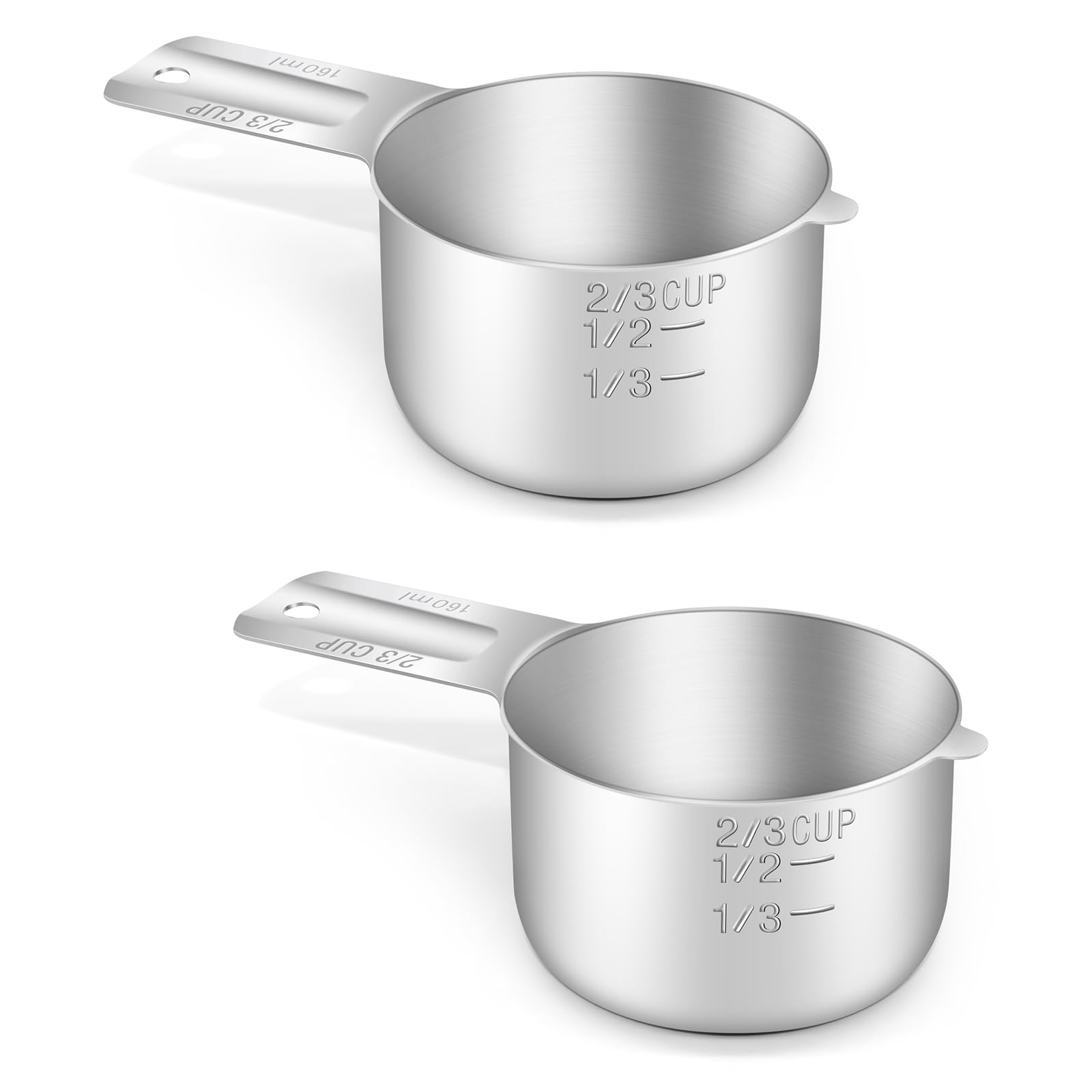 BERYLER 2PCS 2/3Cup (160ml, 5.3oz) Single Measuring Cup, Stainless Steel Measure Scoop, Metric and US Measurement, Dishwasher Sa