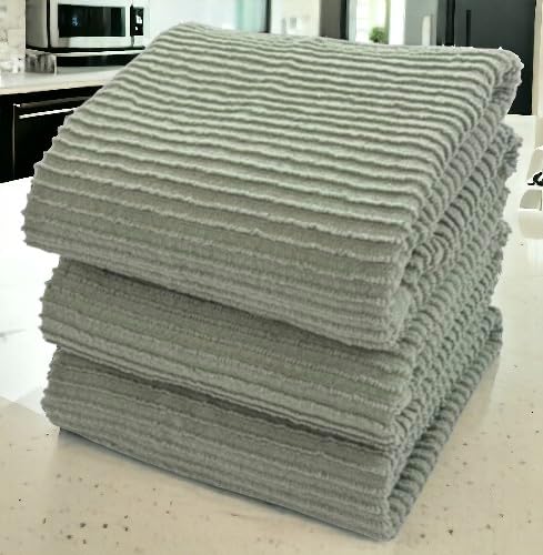 Sage Green Kitchen Dish Towels 100% Cotton Cloth Soft Cleaning Drying Absorbent Terry Ribbed Loop: Set Of 3 Multipurpose For Eve