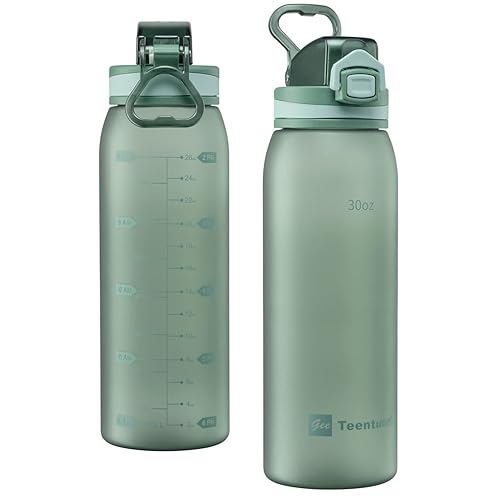 Teentumn Time Marker Water Bottle 30 oz with Push Button Motivational Measurement Marker  Reusable Tritan Plastic Water Jug for Workout Sport Travel Water Tracker