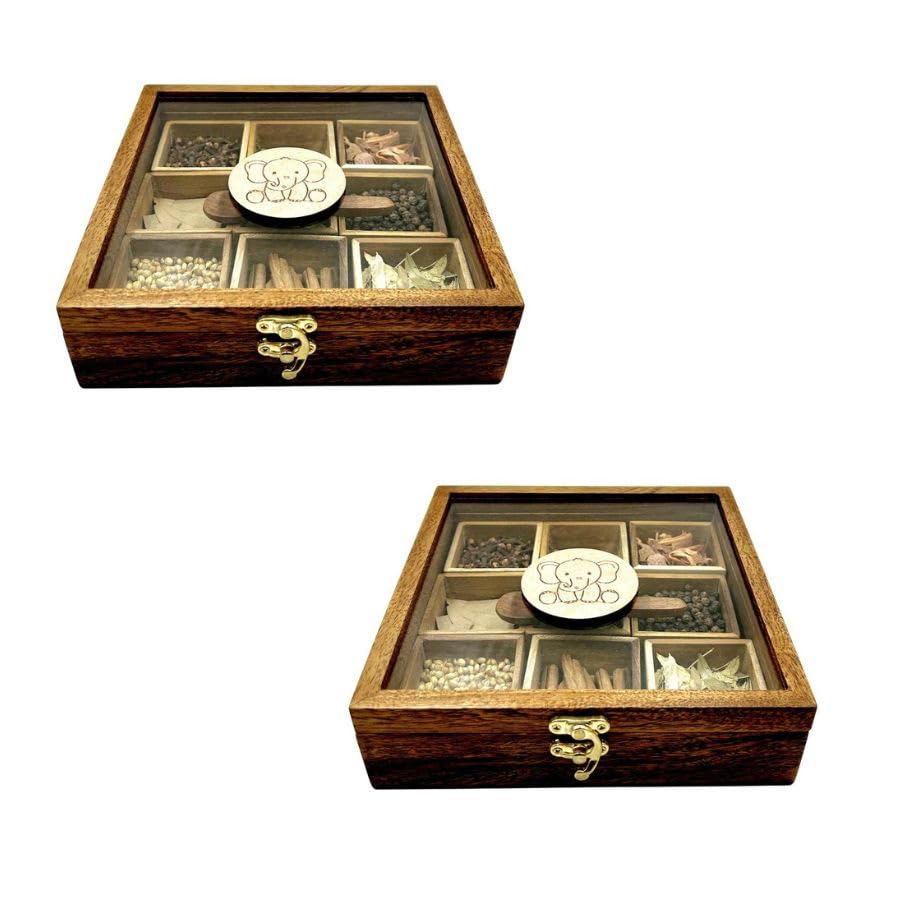 Espoir Bloom Spice Box With 1 Spoon  Wood Masala Dabba Organizer For Kitchen  9 Containers  Decorative Handmade (Set Of 2) Eb