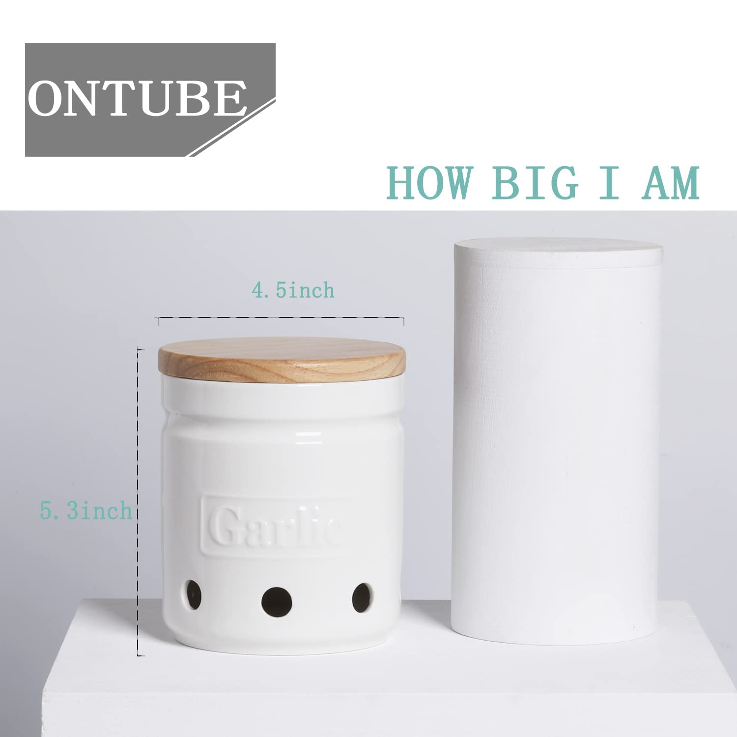 Ontube Large Garlic Keeper With Wooden Lid, Ceramic Garlic Holder Storage, Garlic Container For Kitchen, Garlic Saver To Keep Yo