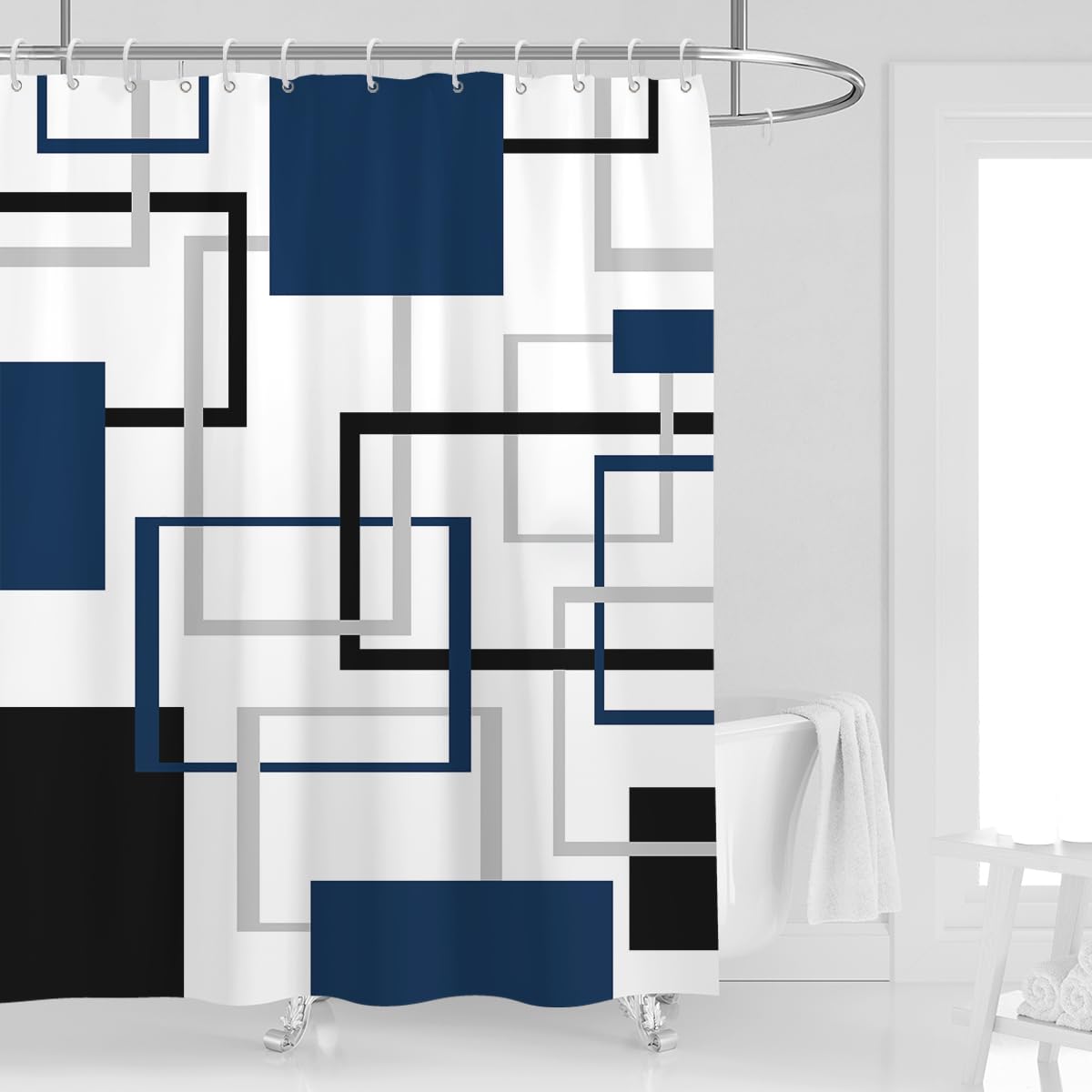 Kikiry Dark Blue And Black Shower Curtain 60''W X 72''L Abstract White Grey Gray Geometric Cross Checkered Modern Geometry Minim