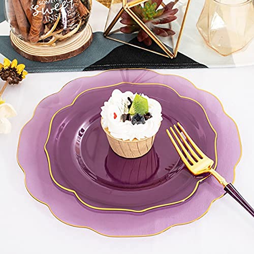 Ciaell 120Pcs Clear Purple Plastic Plates - Purple Party Plates - Disposable Gold Plastic Plates Including 48Plates, 24Forks, 24