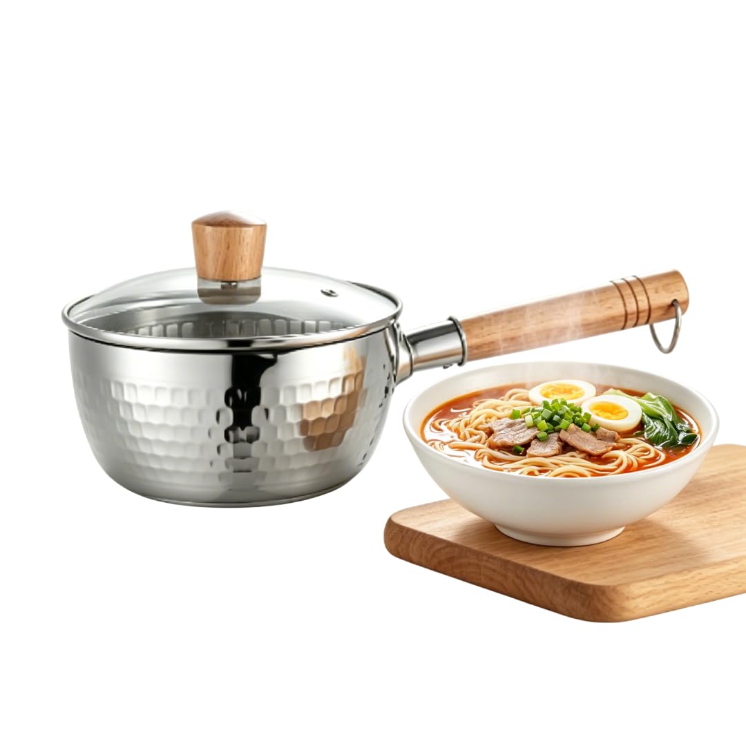 Stainless Steel Yukihira Pan, 8 inch Traditional Japanese Saucepan with Wood Handle & Lid, 1.6 Quart Cooking Pot for Boiling, Fr