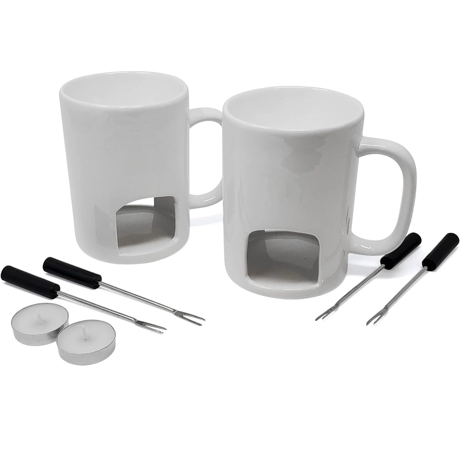 Kovot Ceramic Fondue Mugs Set of 2 - White with Forks & Tealights, Model KO-599