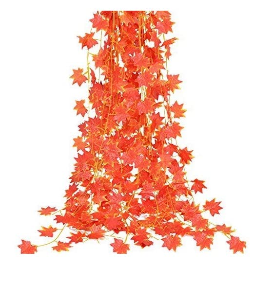 FIRST BUY Artificial Maple Leaves Creepers, Door Wall Hanging for Diwali Festival Wedding Decoration Item (Pack of 4, Orange Map