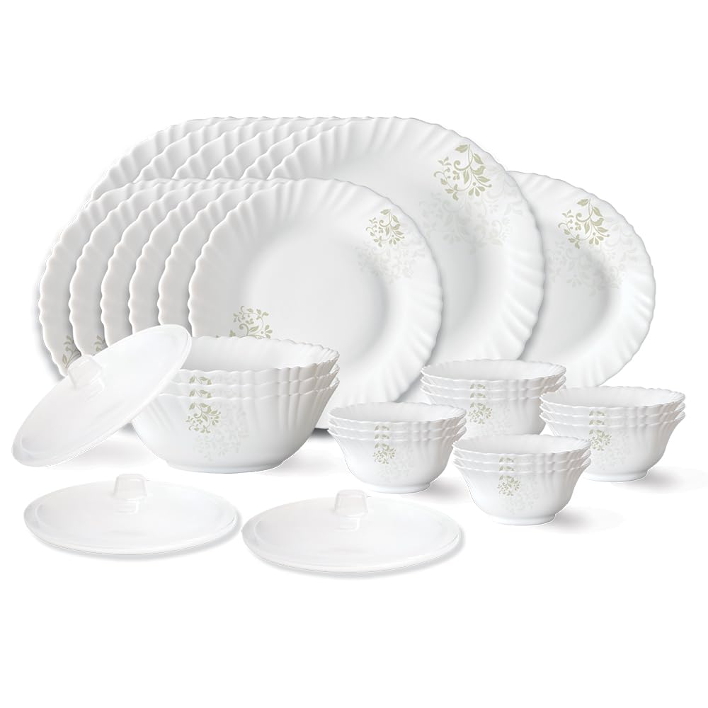 Larah By Borosil Ingot Fluted Series Opalware Dinner Set | 31 Pieces For Family Of 6 | Microwave & Dishwasher Safe | BoneAsh Fr