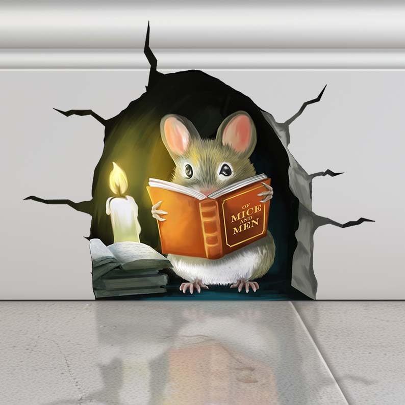3D Mouse Reading Book In Mouse Hole, Cracked Wall, Decal Sticker, Removable Wall Decor, Book Lover Gift Idea, Baseboard, Wall St