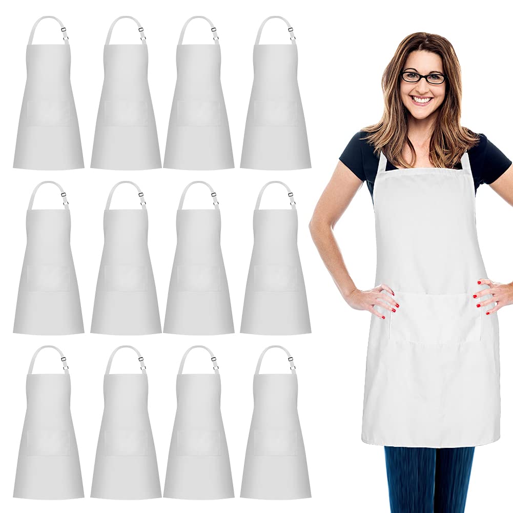 Jubatus 12 Pack 100% Cotton Aprons Bulk With 2 Pockets Cooking Chef Kitchen Adjustable Bib Apron For Women Men, White