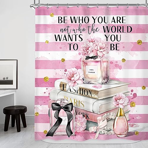 Riyidecor Fashion Shower Curtain 60Wx72H Inch Modern Women Pink White Stripe Magazine Books Perfume Flower Gold Dots Girls Bathr
