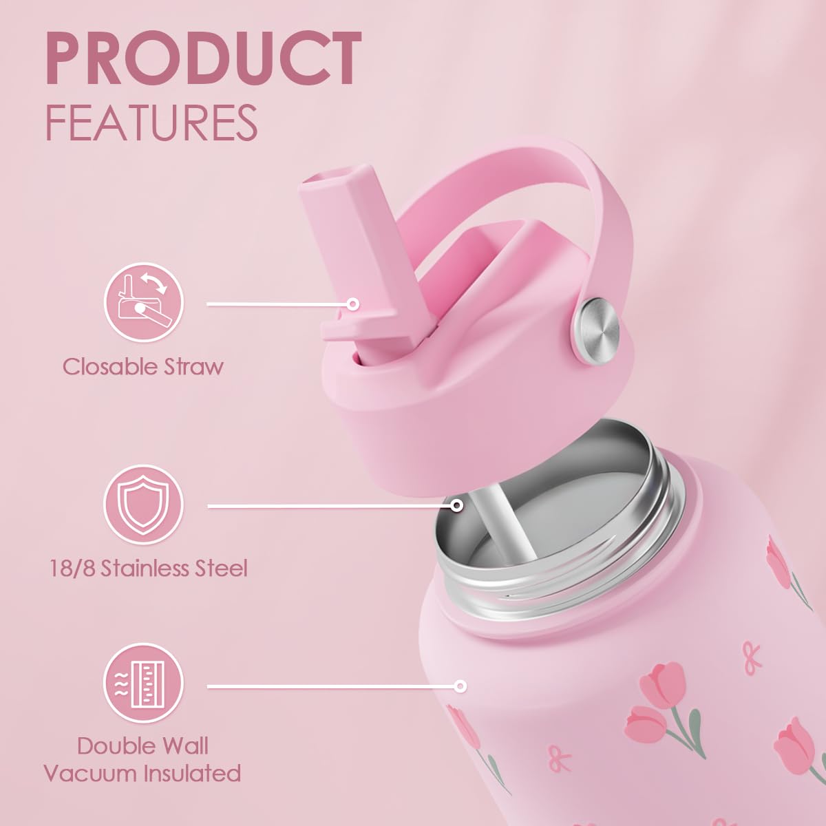 Floral Water Bottle 32oz Stainless Steel with Lid, Tulip Insulated Bottles for Women Girls, Gifts Ideas for Birthday Christmas
