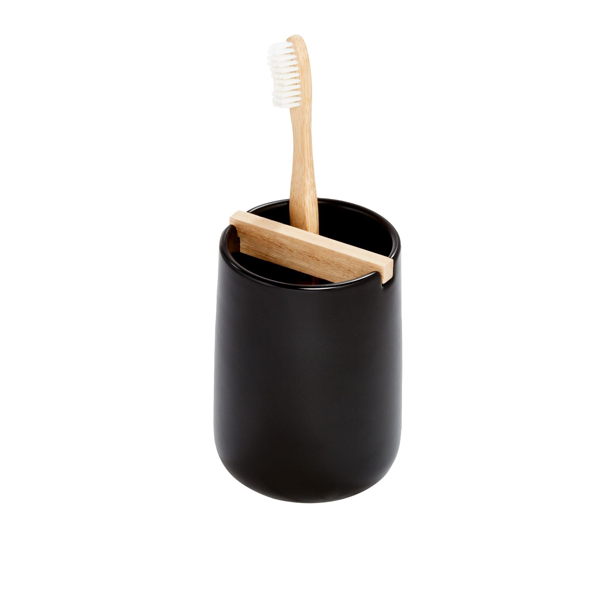 iDesign Ceramic Earth Collection Toothbrush Holder with Paulownia Wood Divider, One Size, Matte Black/Natural