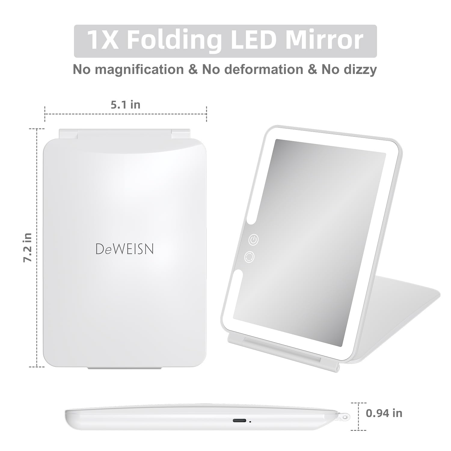 Deweisn Folding Travel Mirror Lighted Makeup Mirror With 3 Colors Light Modes, Usb Rechargable, Portable, Ultra Thin, Compact Va