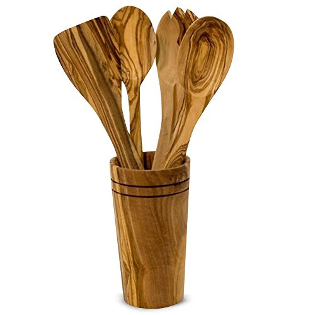 Olive Wood 5-Piece Wooden Cooking Utensil Set - Includes Holder With Spatula, Cooking/Mixing Spoon, Salad Spoon And Fork - Handc