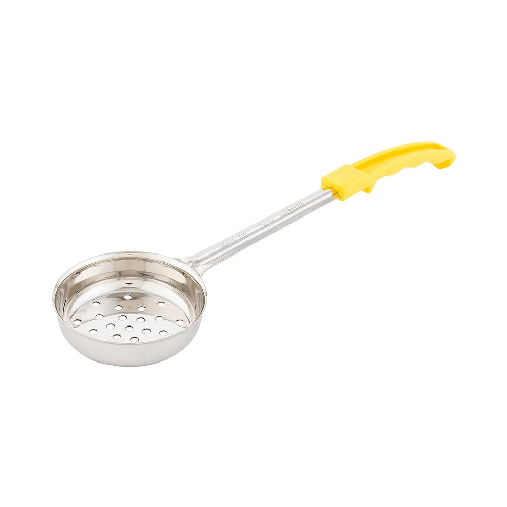 Restaurantware Met Lux 5 Ounce Portion Ladle 1 Perforated Portion Serving Spoon - Yellow Handle Dishwashable Stainless Steel Slo