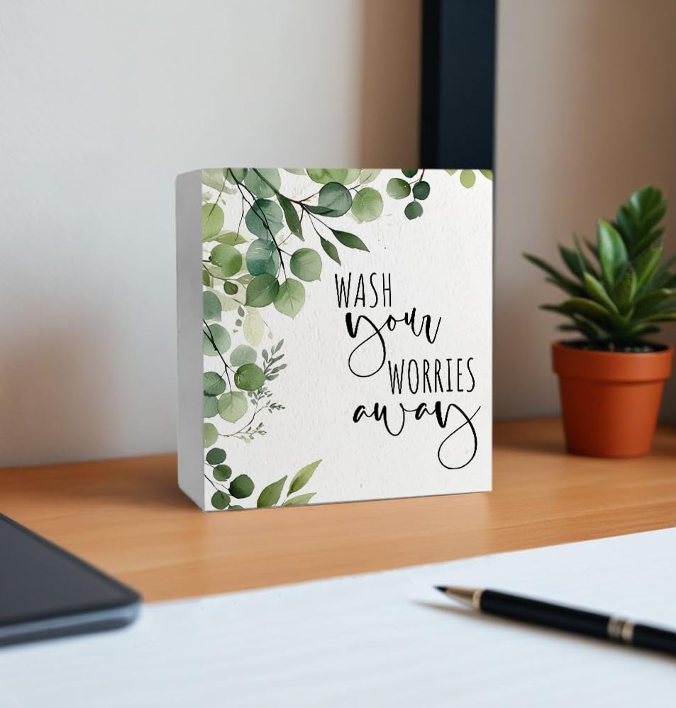 Wash Your Worries Away Funny Bathroom Wooden Box Sign, Eucalyptus Botanical Wood Signs for Restroom Bathroom Toilet Half Bath Sh