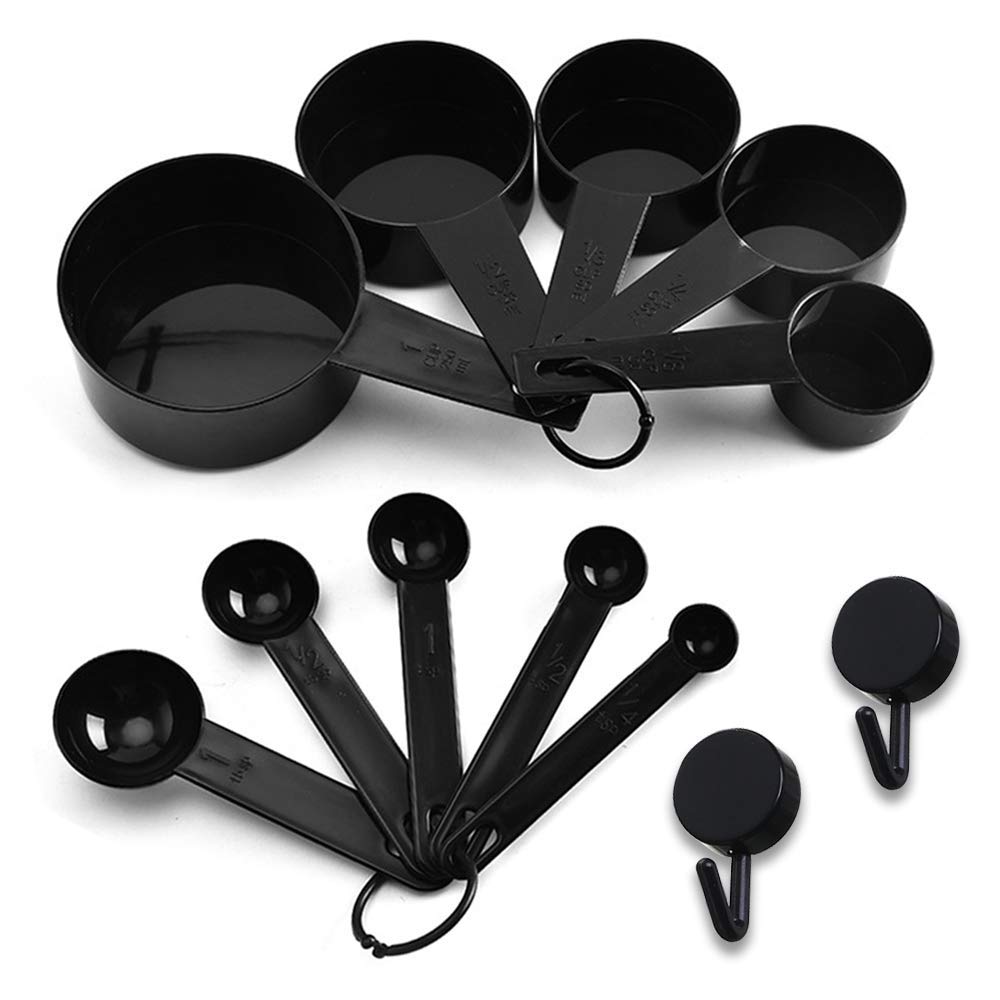 Xgigix Black Measuring Cups And Measuring Spoons Set Of 10Pcs, Minimalist Modern Cups, Included 2 Pcs Kitchen Tool Hook Up. (Bla