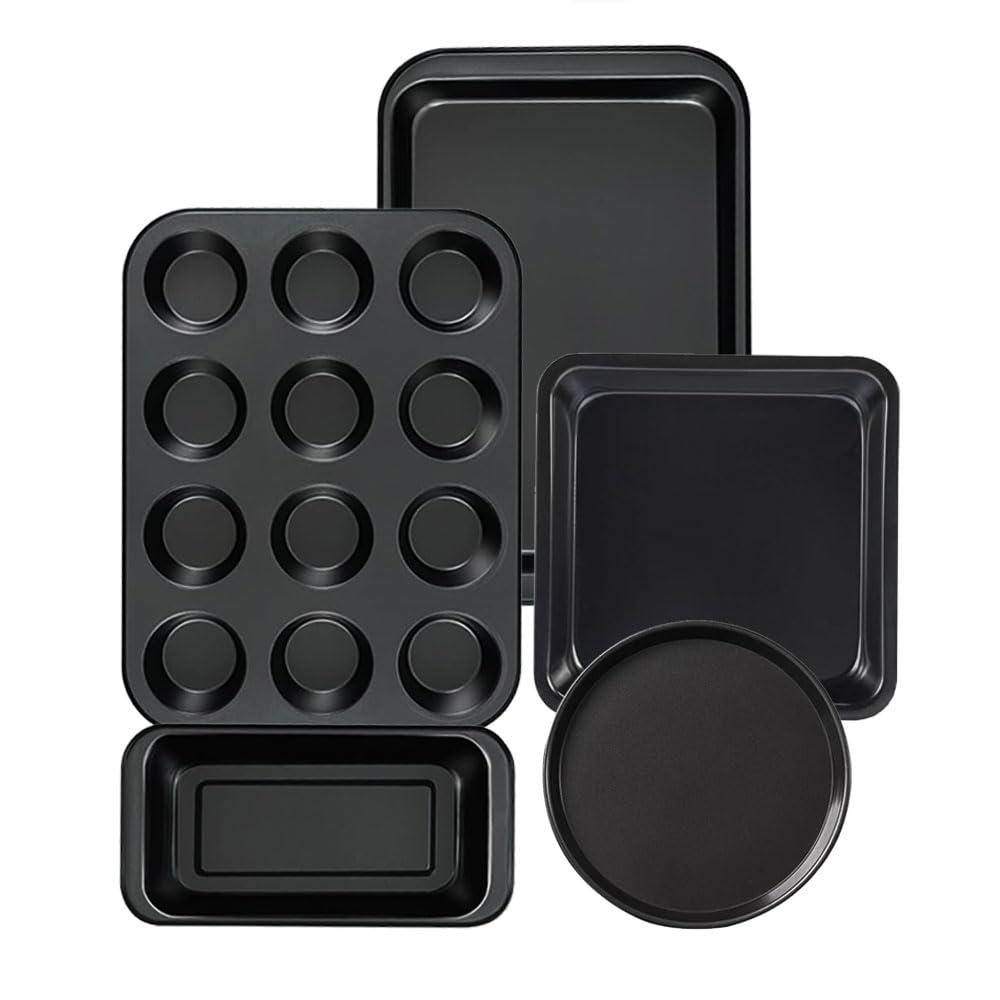 Nonstick Baking Pans Set for Oven, 5Piece Bakeware Kit with Round & Square Cake Pan, Muffin Pan, Loaf Pan, Baking Sheets by QUD