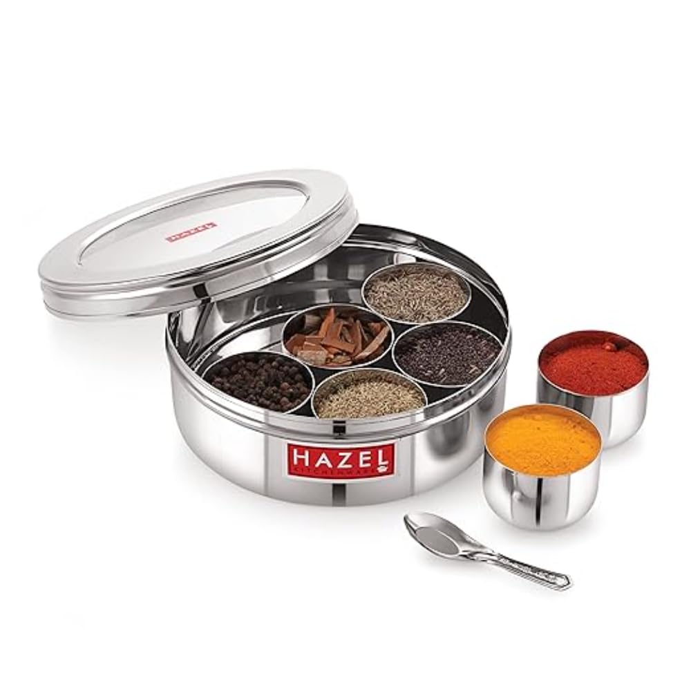 Hazel Stainless Steel Masala Box For Kitchen | Spice Containers For Kitchen Storage | Masala Box With 7 Containers & Spoon | Mas