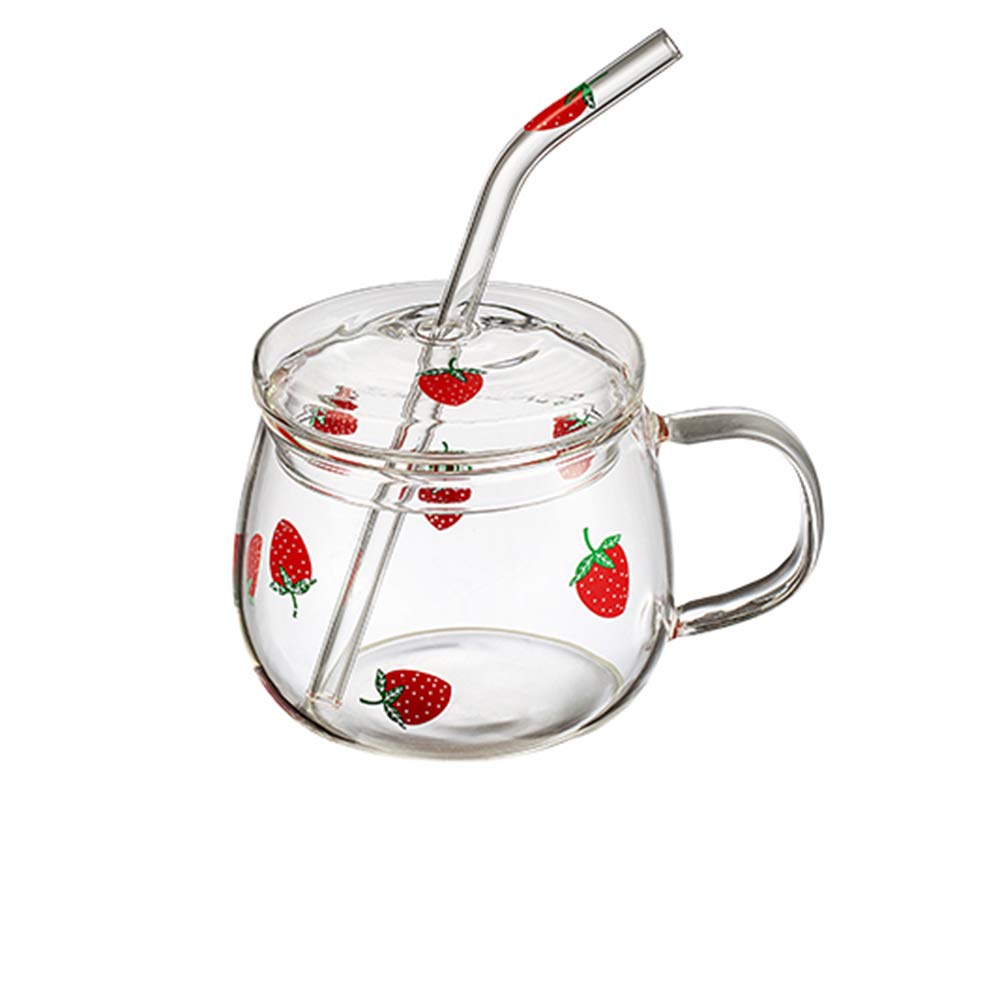Jhnif 10 Oz Lovely Strawberry Clear Glass Mug With Lid And Straw.