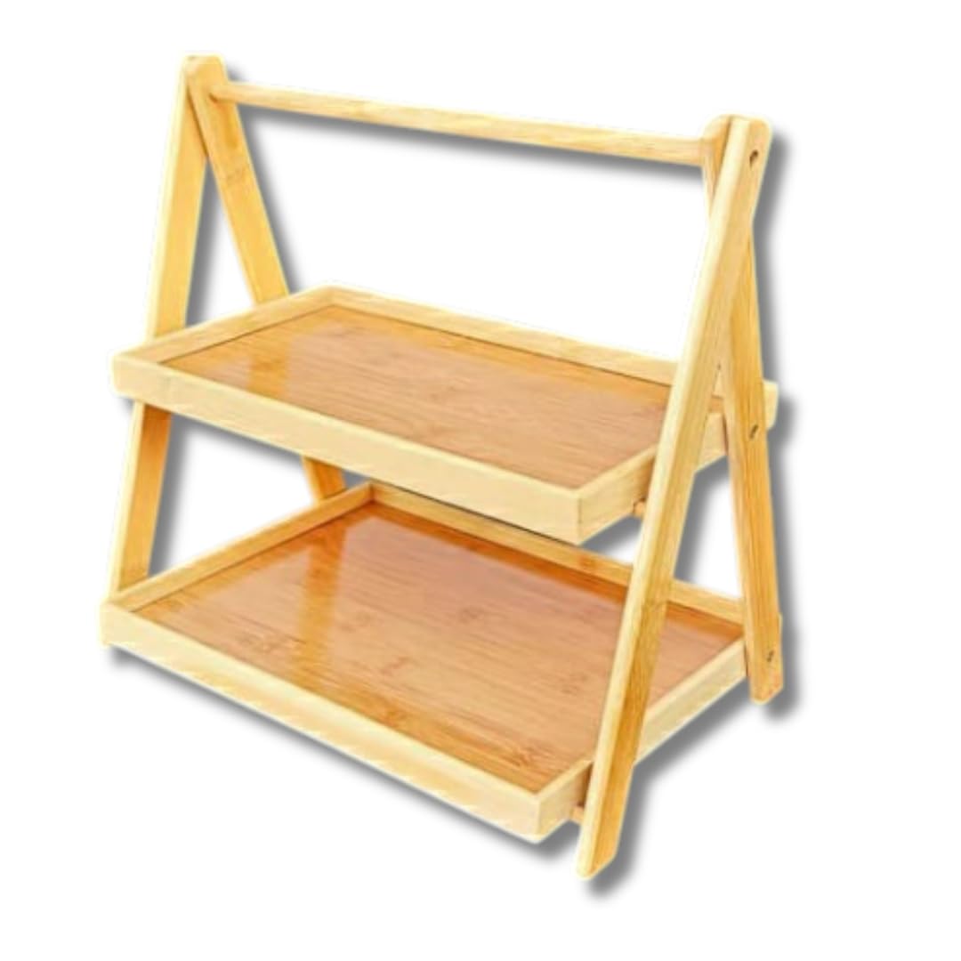 Shoppers Hub Pnq 2Tier Foldable Wooden Bamboo Triangle Shelf Rack | Multipurpose Countertop Organizer For Spices, Cutlery, Brea