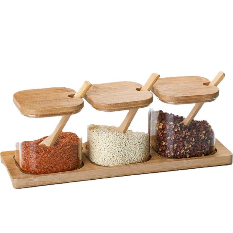 Lumevo Square Glass Storage Jars Set Of 3 (300 Ml Each)  Airtight Kitchen Containers With Bamboo Lid, Spoon & Tray For Spices, 