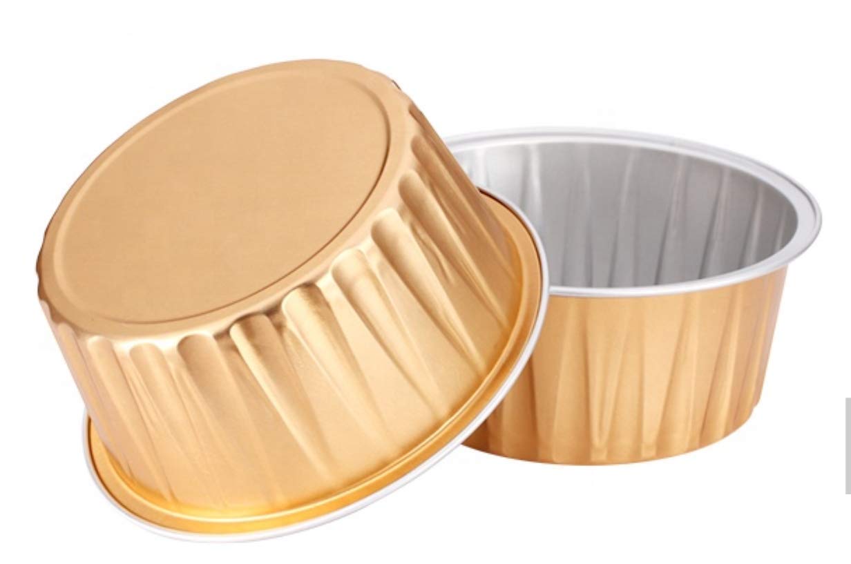 Keisen 3 2/5'' Mini Disposable Aluminum Foil Cups 125Ml 100/Pk 4Oz For Muffin Cupcake Baking Bake Utility Ramekin Cup (Gold)