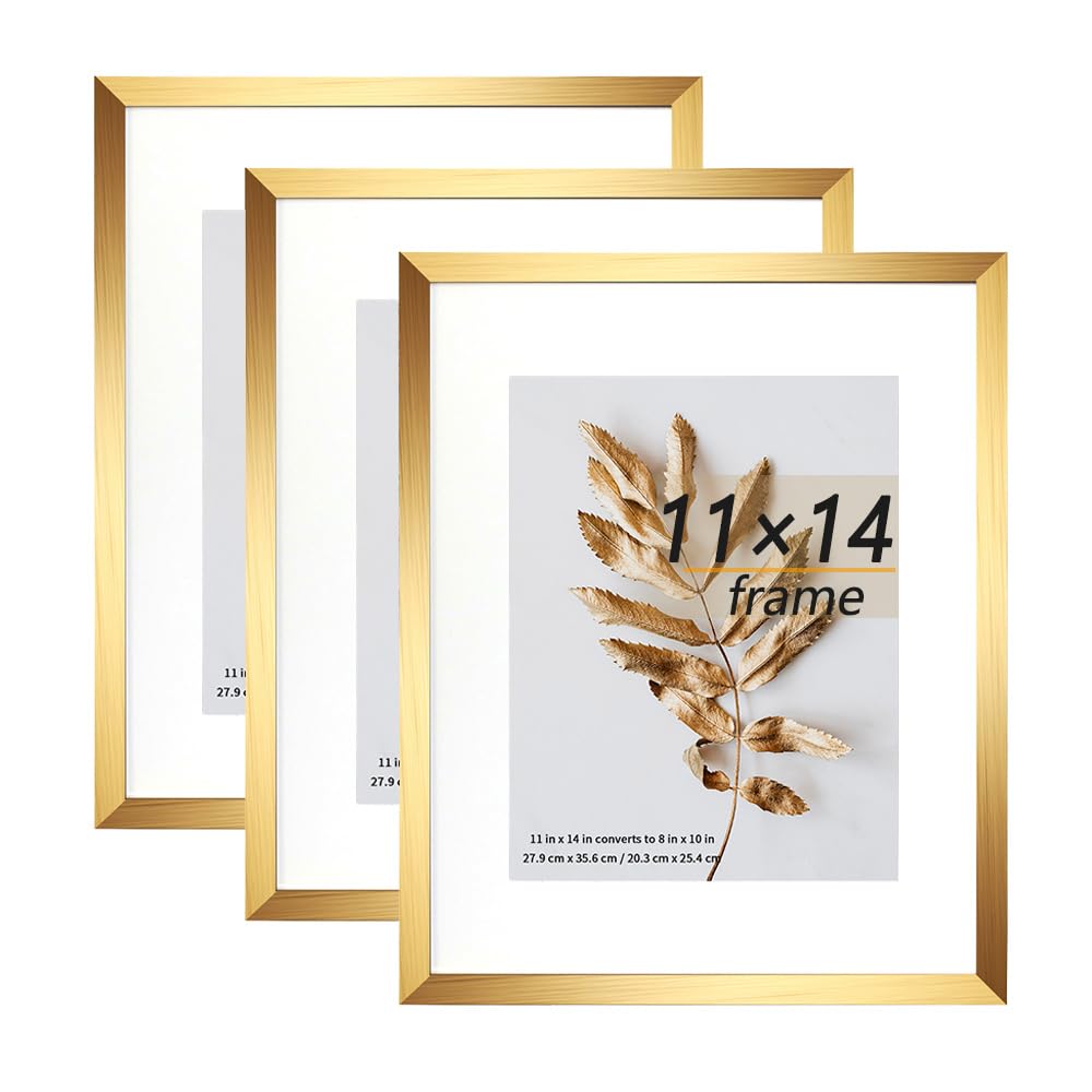 Hogaryo 11x14 Picture Frame Gold 3 Pcs set can Display 8x10 Picture with Mat or 11x14 Without Mat on the Wall