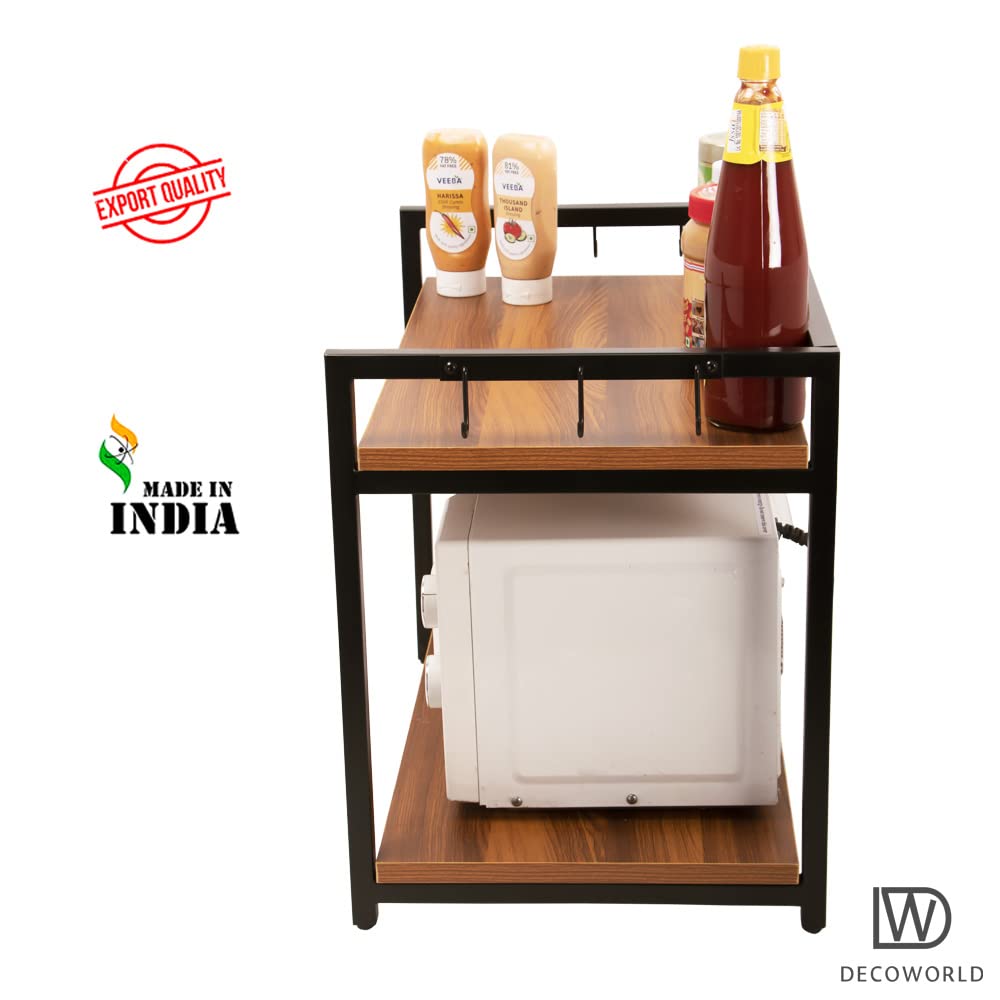 DECOWORLD || Microwave Stand || Metal Microwave Stand for Kitchen Counter|| Double Platform for Extra Storage (Black with Honey