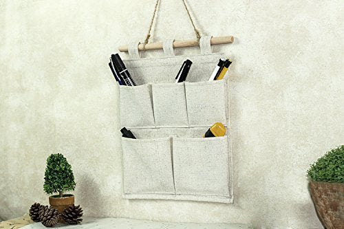 Co-Link Linen/Cotton Fabric 5 Pockets Wall Door Closet Hanging Storage Bag Organizer,13.8'' Wx 17.7'' H (5 Pockets-Beige White)