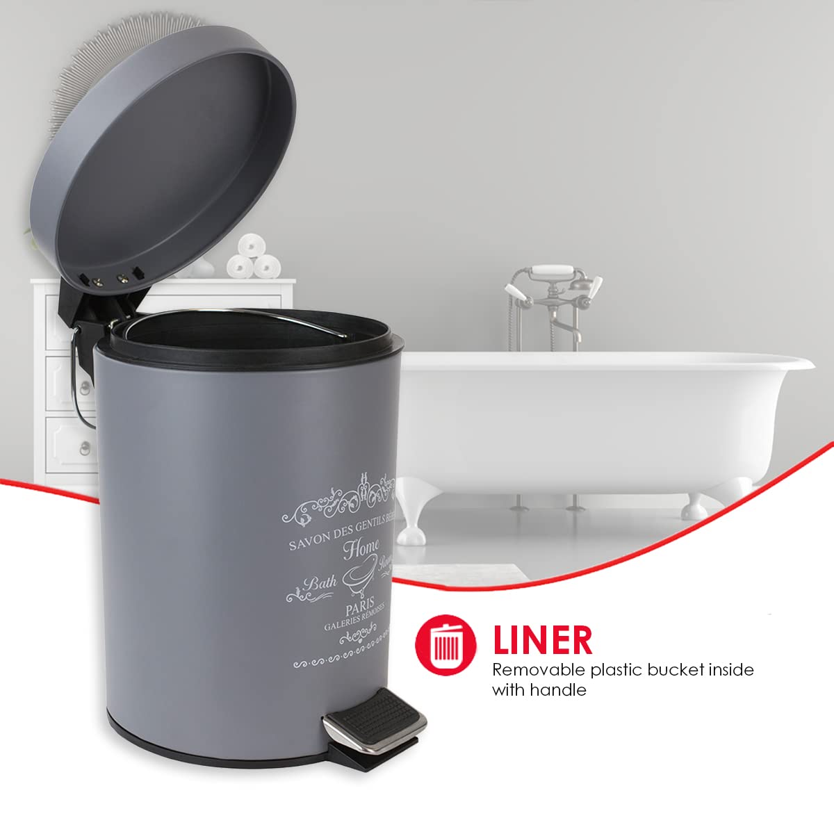 Home Basics Paris Collection Bathroom Accessories, Office, Bedroom, Decorative Waste Basket With Stylish Accent Decor To Complem