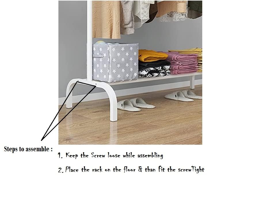 Lukzer Single Pole Coat Hanger/Cloth Stand/Garment Stand With Bottom Shelves - Metal Garment Rack For Organized Storage 4 Hook (