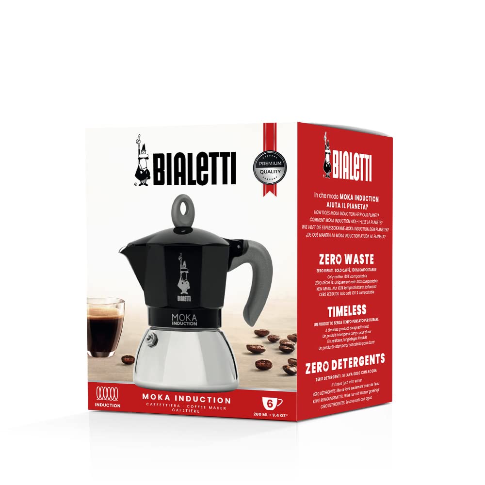 Bialetti - Moka Induction, Moka Pot, Suitable For All Types Of Hobs, 6 Cups Espresso (9.4 Oz Espresso), 280 Ml, Black