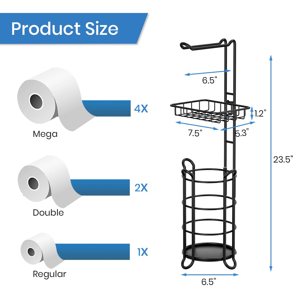 Matte Black Bathroom Freestanding Toilet Paper Holder Tissue Roll Holder Stand with Shelf Storage Holds 4 Jumbo Rolls Phone and Wipes