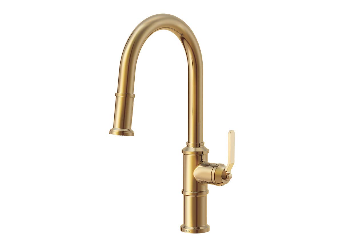 Gerber Kinzie Single Handle Gold Kitchen Faucet with Pull-Down Sprayer - Industrial Farmhouse Design, High Arc, Easy 1-Hole Inst