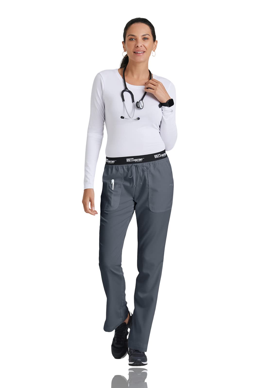 Greys Anatomy 4275 3 Pkt Logo Waist Pant With Drawstring (Granite, X-Small Tall)