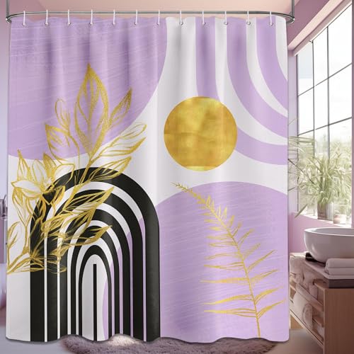 Qghot Boho Mid Century Modern Shower Curtain Black And Purple Shower Curtains For Bathroom Decor Lavender Light Purple And Gold 